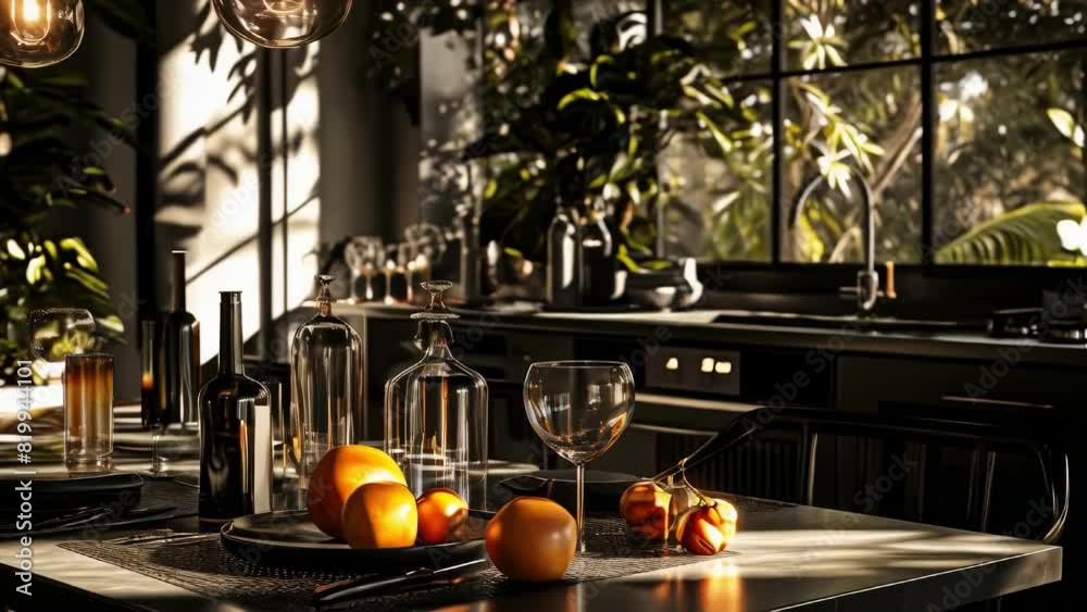 A table with a variety of fruits and wine glasses, including a wine glass with a stem. The table is set for a meal, and the atmosphere is warm and inviting A table with a variety of fruits and wine glasses, including a wine glass with a stem. The table is set for a meal, and the atmosphere is warm and inviting