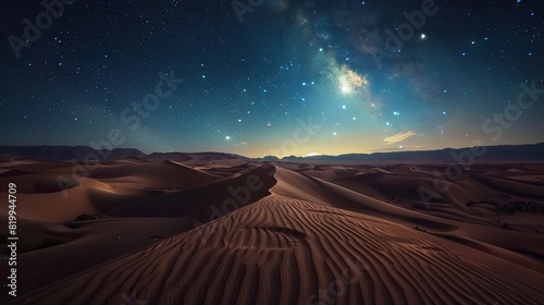 A vast desert landscape with sand dunes under a night sky full of stars.