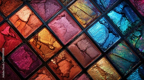 A palette of eyeshadows in various colors, including blue, green, purple, pink, and orange. photo