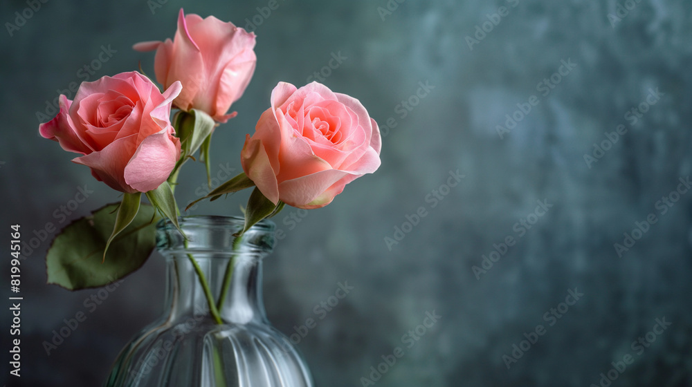 Obraz premium Three Pink Roses in Clear Glass Vase (Under 90 characters)