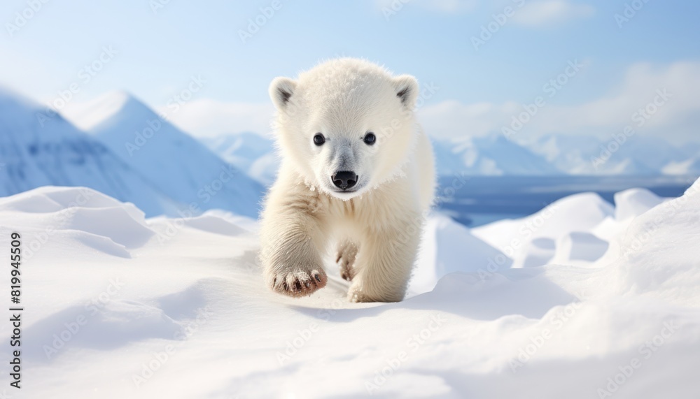 Polar bears walks in extreme winter weather, standing above snow with a view of the frost mountains Polar bears walks in extreme winter weather, standing above snow with a view of the frost mountains