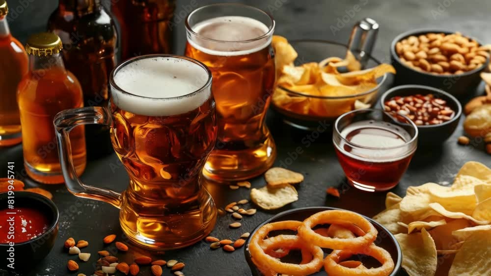 A table with a variety of food and drinks, including two full glasses of beer. The table is set for a casual gathering or party A table with a variety of food and drinks, including two full glasses of beer. The table is set for a casual gathering or party