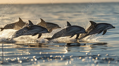 A pod of dolphins jumping out of the ocean with the sun rising in the background.

 photo