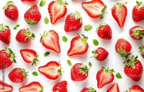 Strawberries whole and cut top view. Fresh big red strawberry isolated on white background.