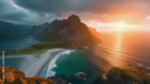 A beautiful sunset over the ocean with a mountain in the background. The sky is filled with clouds, and the sun is setting behind the mountain. The water is calm, and the beach is sandy photo