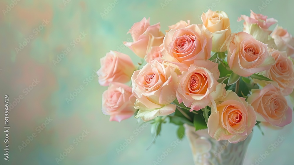 A soft-focus image of pink roses in a vase against a pale green background.

