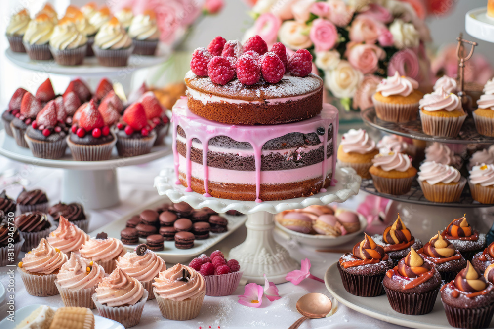Elegant Dessert Spread: Cakes, Cupcakes, and Pastries with Fresh Berries and Creamy Frosting. AI generated
