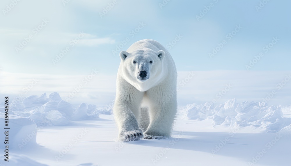 Polar bears walks in extreme winter weather, standing above snow with a view of the frost mountains Polar bears walks in extreme winter weather, standing above snow with a view of the frost mountains