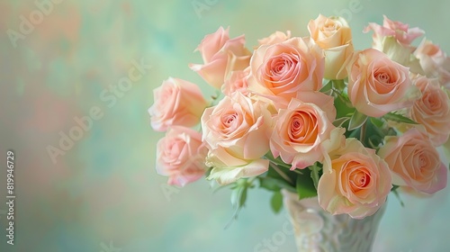 A soft-focus image of pink roses in a vase against a pale green background.   © Awais