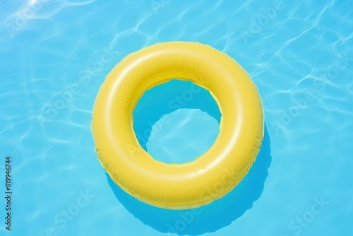 top view yellow swimming pool ring float in blue water.