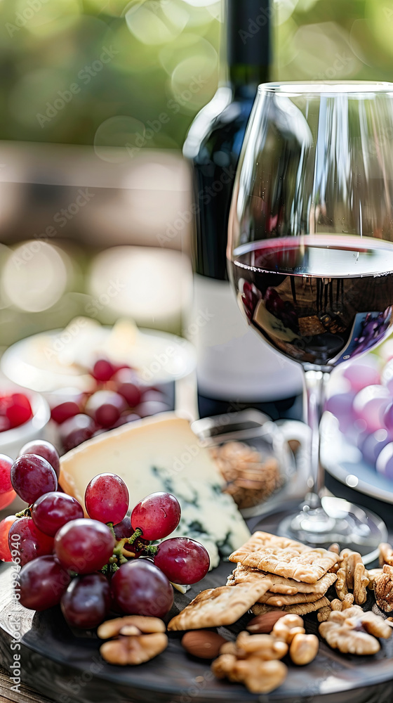 Elegant wine and cheese platter with fresh grapes and nuts