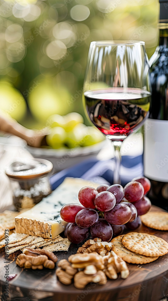 Elegant outdoor wine and cheese picnic setup with a fresh grape bunch Elegant outdoor wine and cheese picnic setup with a fresh grape bunch