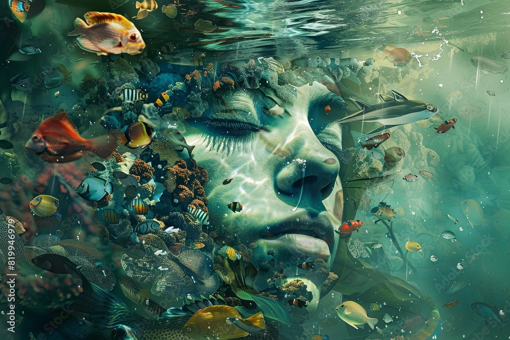 A painting depicting a womans face with various fish swimming around her A painting depicting a womans face with various fish swimming around her