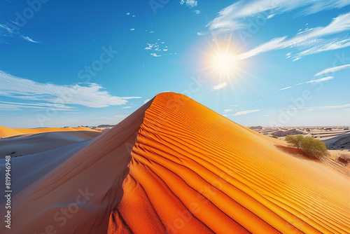 Dynamic chevron waves on a desert dune  midday sun shimmer.
