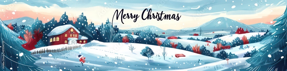 Merry Christmas artistic illustration banner, rural fields with gorgeous colors