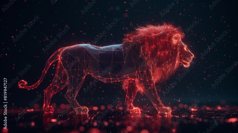 Red Digital Art of Glowing Lion in Night Sky with Sparkling Particles Red Digital Art of Glowing Lion in Night Sky with Sparkling Particles