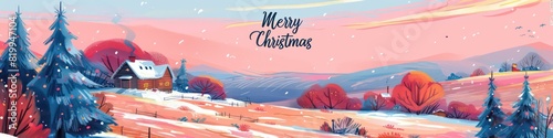 Merry Christmas artistic illustration banner, rural fields with gorgeous colors