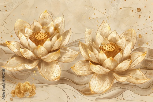 Two gold lotus flowers are drawn on top of a beige background
