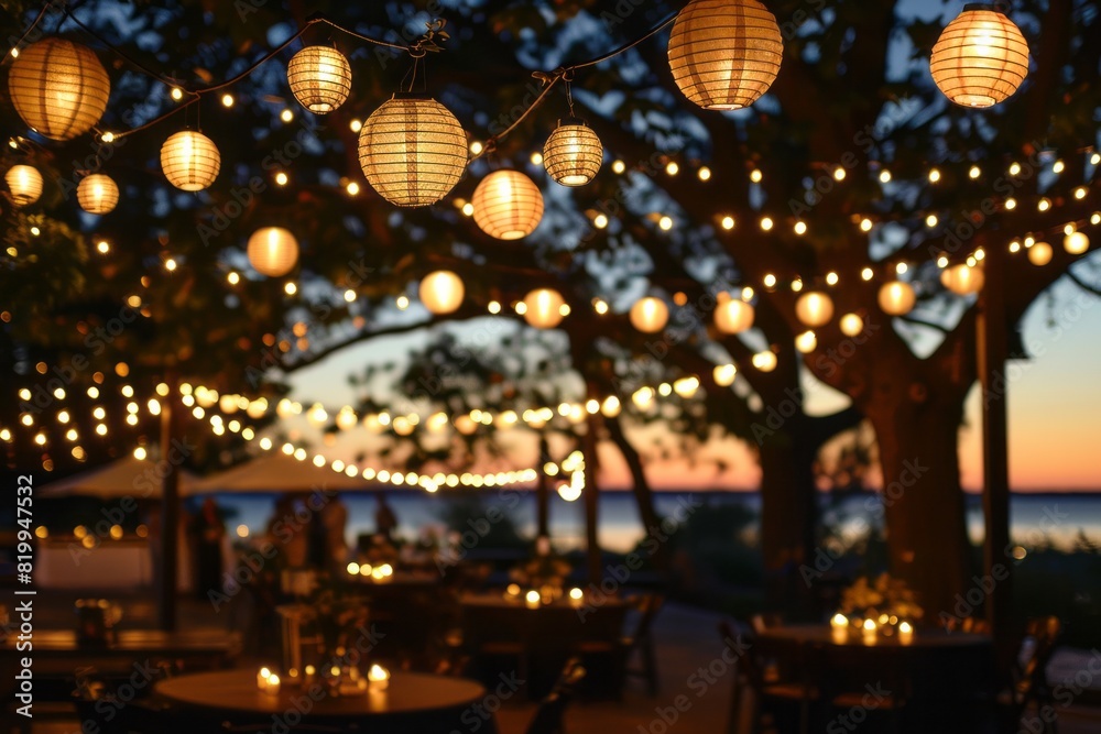 Fototapeta premium String lights and lanterns creating a festive atmosphere, decorative lamps for outdoor party. AI generated