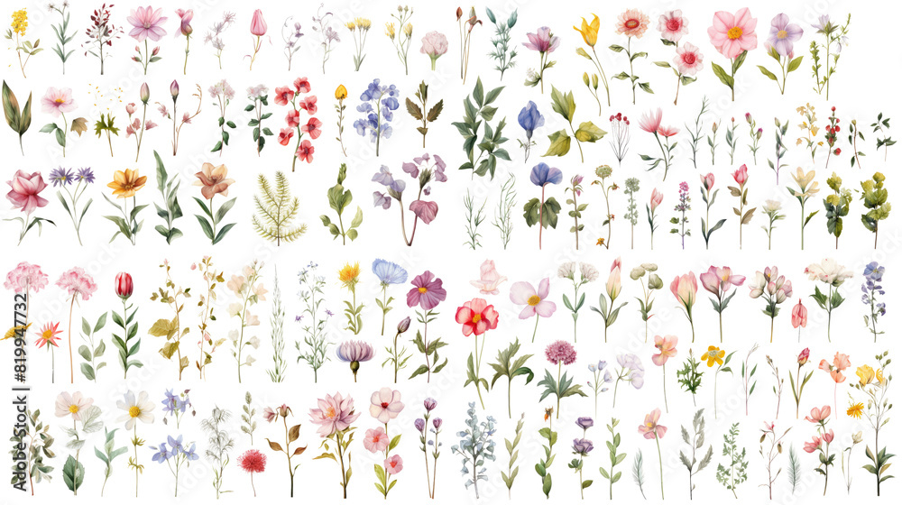 Set of watercolor wildflowers painting isolated on clear png background and transparent background. Fresh and nature concept for nature decorative and flower element, AI generative. Set of watercolor wildflowers painting isolated on clear png background and transparent background. Fresh and nature concept for nature decorative and flower element, AI generative.