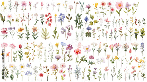 Set of watercolor wildflowers painting isolated on clear png background and transparent background. Fresh and nature concept for nature decorative and flower element, AI generative.	