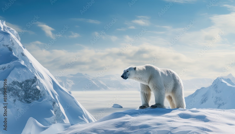 Polar bears walks in extreme winter weather, standing above snow with a view of the frost mountains Polar bears walks in extreme winter weather, standing above snow with a view of the frost mountains