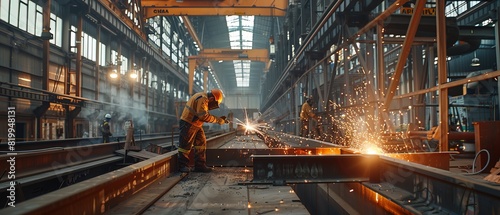 A welder works on a large metal structure in a factory.