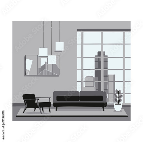 Abstract living room interior simple hand drawn illustration. Lounge with sofa, window, paintings, houseplants, carpet and chair. Living room in an apartment or house, black and white sketch, vector
