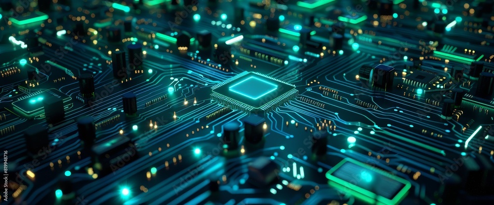 Futuristic 3D Circuit Board Background with Glowing Blue and Green Pathways and Electronic Components Futuristic 3D Circuit Board Background with Glowing Blue and Green Pathways and Electronic Components