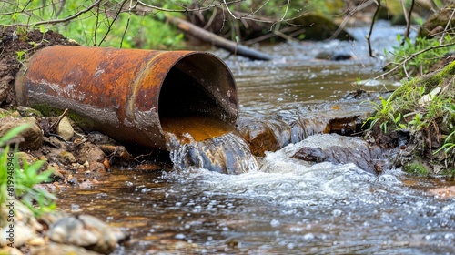 Rusty pipe discharging water into a forest stream