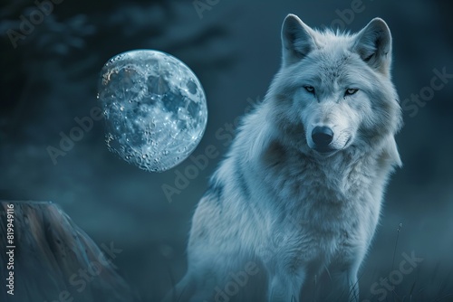 White wolf at full moon wallpaper, high quality, high resolution
