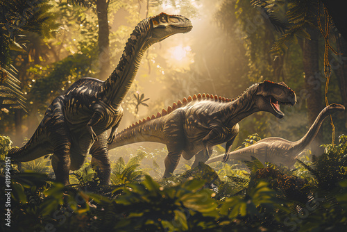 group of scary dinosaurs in the jungle  3d rendering