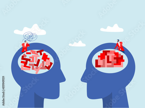  people looking puzzle head brain different thinking Rational and irrational thinking in the form of colourful arranged and rearranged shapes concept