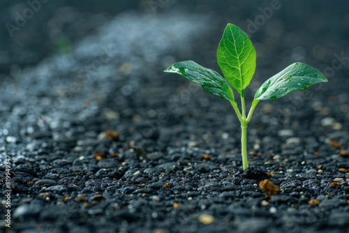 Small green sprout of a plant in the asphalt on the road