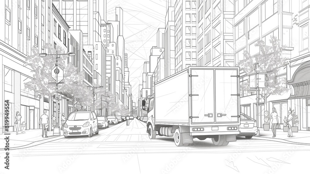 Fototapeta premium A bustling city street is depicted, with tall buildings lining either side. generated AI