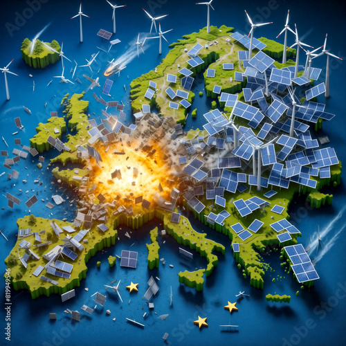 EU Green Deal failure, highlighting challenges and setbacks in achieving sustainable energy targets and related European Union economic suicide and autodestruction. photo