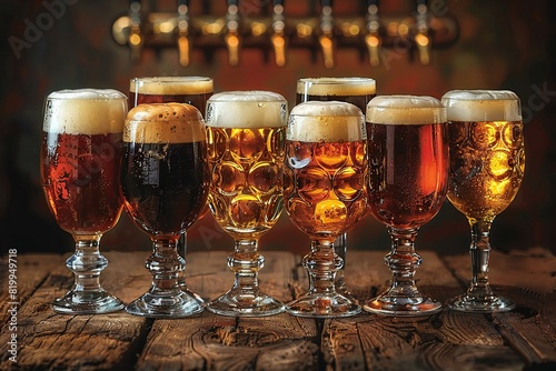 Featuring a each glass contains a different type of beer, high quality, high resolution photo