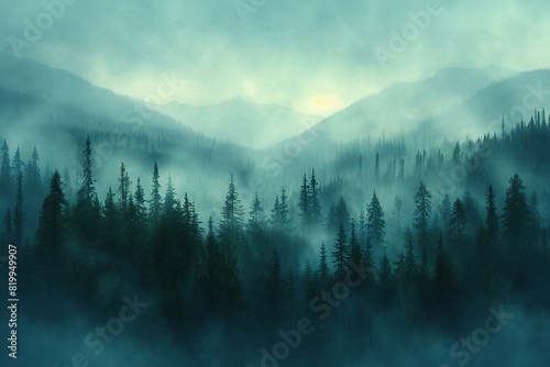 Depicting a many pine trees stand on a fog filled forest, high quality, high resolution photo