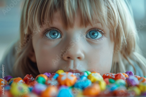 Child sweet tooth among candies photo