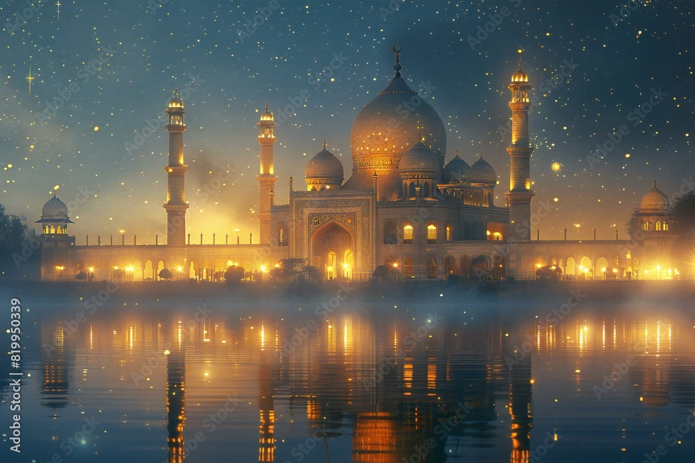 Digital artwork of  muslim mosque and stars at night, high quality, high resolution