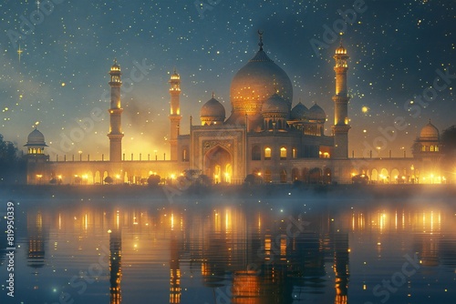 Digital artwork of  muslim mosque and stars at night  high quality  high resolution