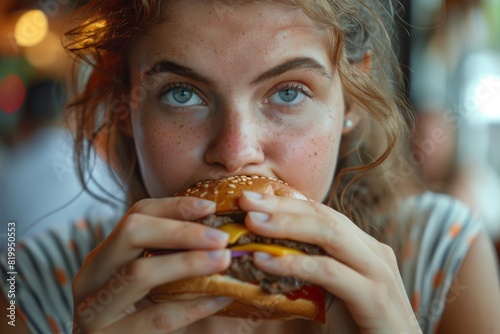 Hungry woman eating hamburger  junk food fast food concept