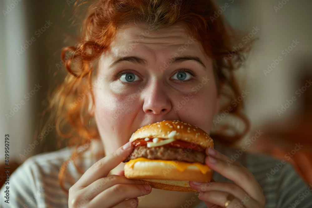 Overweight woman eating hamburger, junk food fast food concept Overweight woman eating hamburger, junk food fast food concept