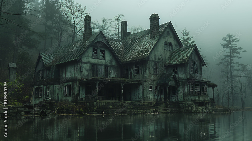 An eerie, abandoned house by a foggy lake surrounded by leafless trees. The house has a dark, weathered exterior with broken windows and a dilapidated roof, creating a spooky atmosphere. An eerie, abandoned house by a foggy lake surrounded by leafless trees. The house has a dark, weathered exterior with broken windows and a dilapidated roof, creating a spooky atmosphere.