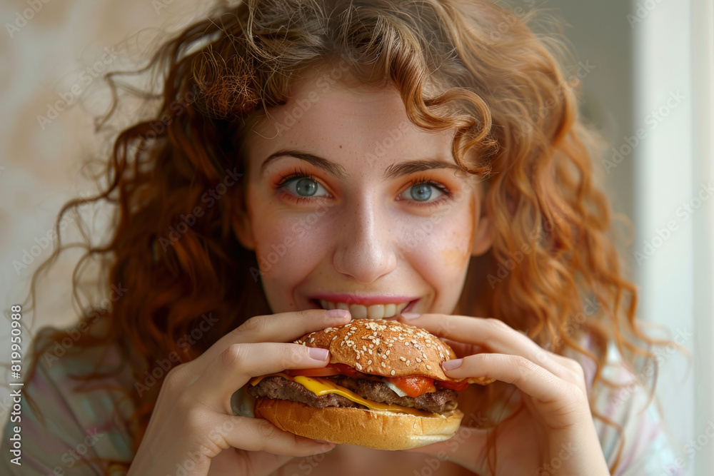 Hungry woman eating hamburger, junk food fast food concept