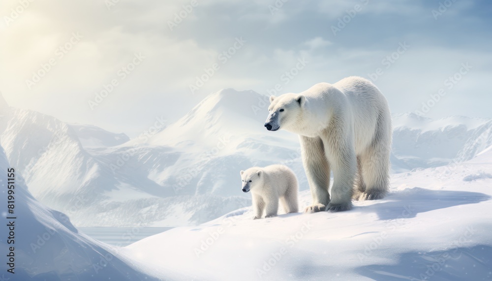 Polar bears walks in extreme winter weather, standing above snow with a view of the frost mountains Polar bears walks in extreme winter weather, standing above snow with a view of the frost mountains