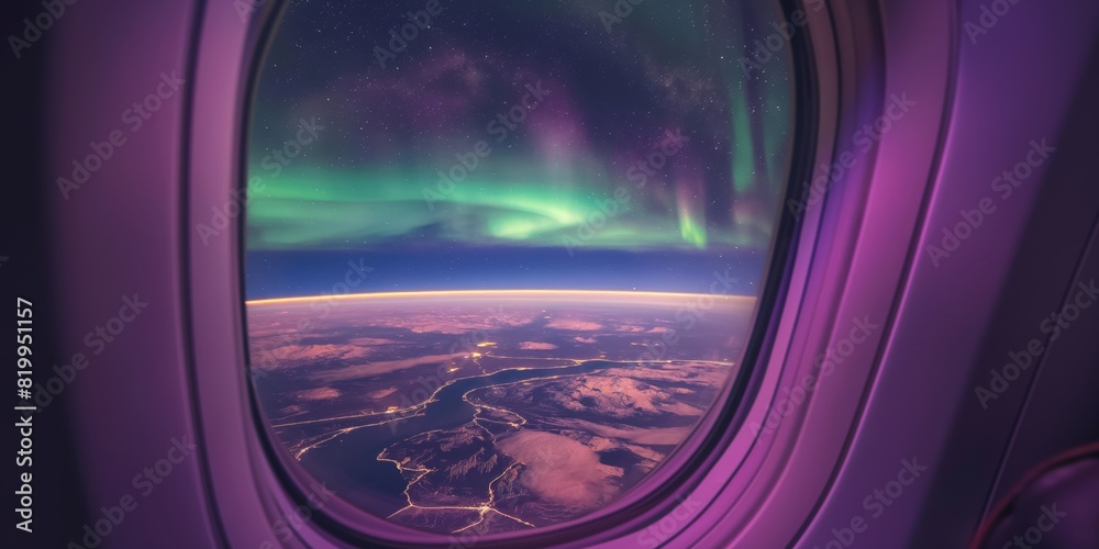 A view of the Earth from an airplane window with a purple hue generated by AI A view of the Earth from an airplane window with a purple hue generated by AI