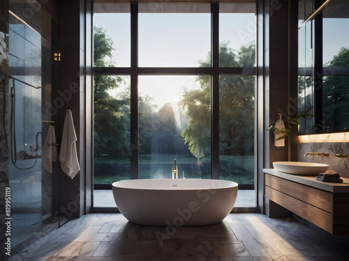 Artistic rendering of a modern bathroom design highlighted by grand French windows.