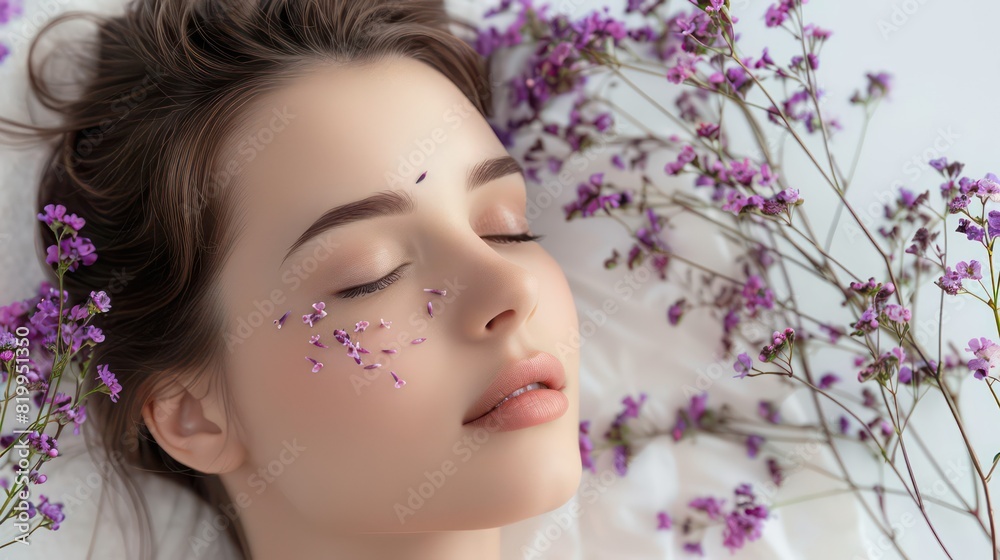 pretty girl lying down on a bed of small purple flowers, light background