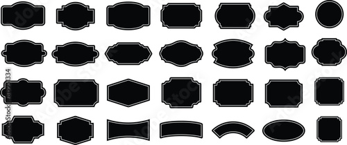 Set of black labels with white frame vector illustration isolated on transparent. Price tag, sale sticker, quality mark, sale or discount sticker, promotional badge set, shopping labels